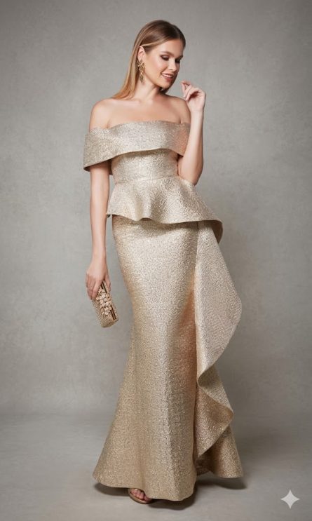 Special Occasion Off The Shoulder Neckline Peplum Mermaid Dress - Image 7