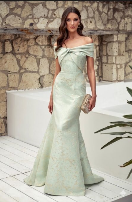 Special Occasion Off The Shoulder Neckline Train Straight Dress - Image 3