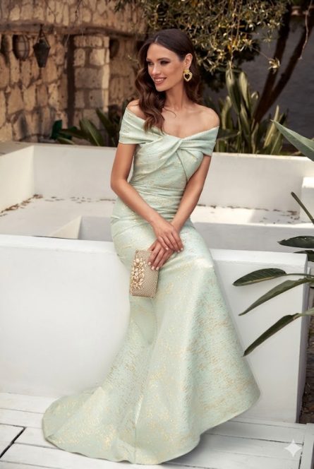 Special Occasion Off The Shoulder Neckline Train Straight Dress - Image 4