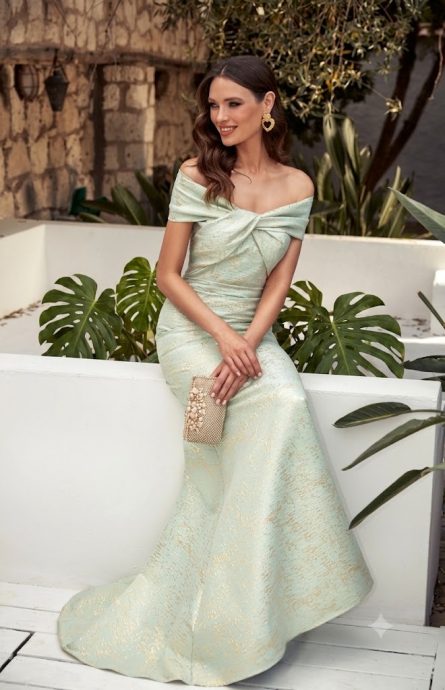 Special Occasionn Off-The-Shoulder Neckline Train Straight Dress - Image 4